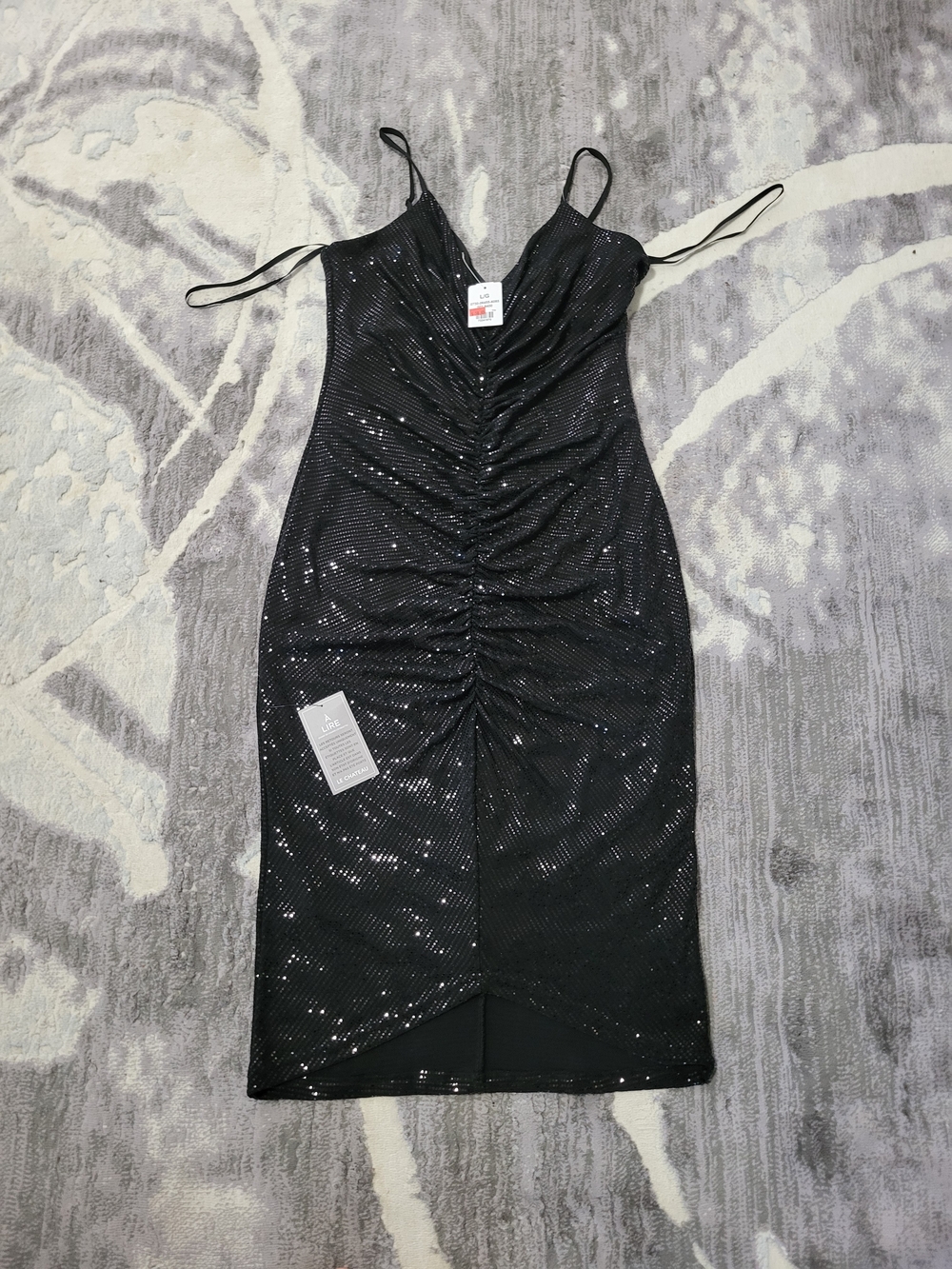 Le Chateau Black Sequin Ruched Formal Midi Dress with Spaghetti Straps Size L